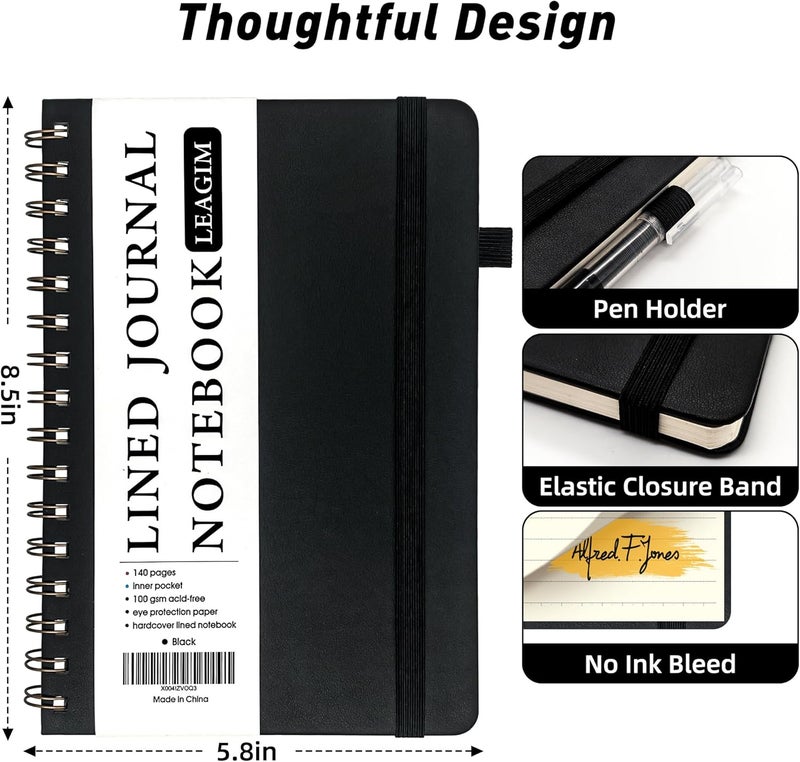 LEAGIM Lined Spiral Journal Notebook for Women & Men, College Ruled Hardcover Notebook for Work & Note Taking, Journals for Writing, 100 GSM, Business, School, 140 Pages, A5(5.8"x8.5") - Black - Image 4